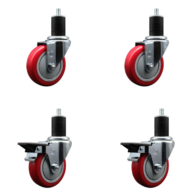 Ensemble de roulettes extensibles pivotantes en poly sur roulettes 2 freins SCC PLB 4 po x 1-3 / 4 po, Rouge