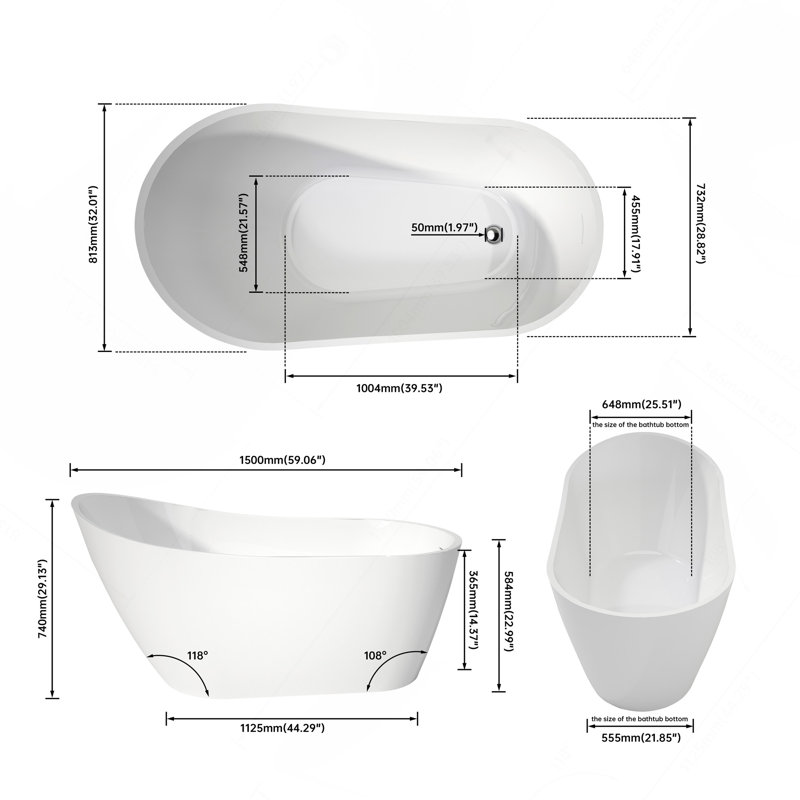 Baignoires autoportantes haut de gamme en acrylique autoportant haut de gamme de qualité supérieure (59 x 32 pouces)