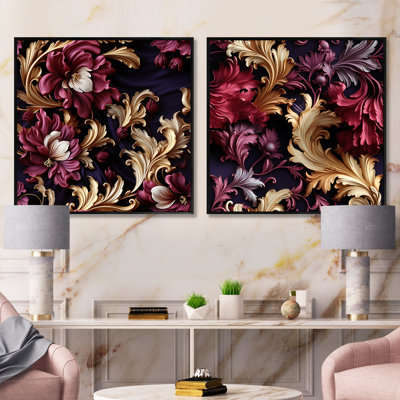 «Timeless Mauve Baroque Floral Dreams III», ensemble de 2 collages carrés botaniques abstraits
