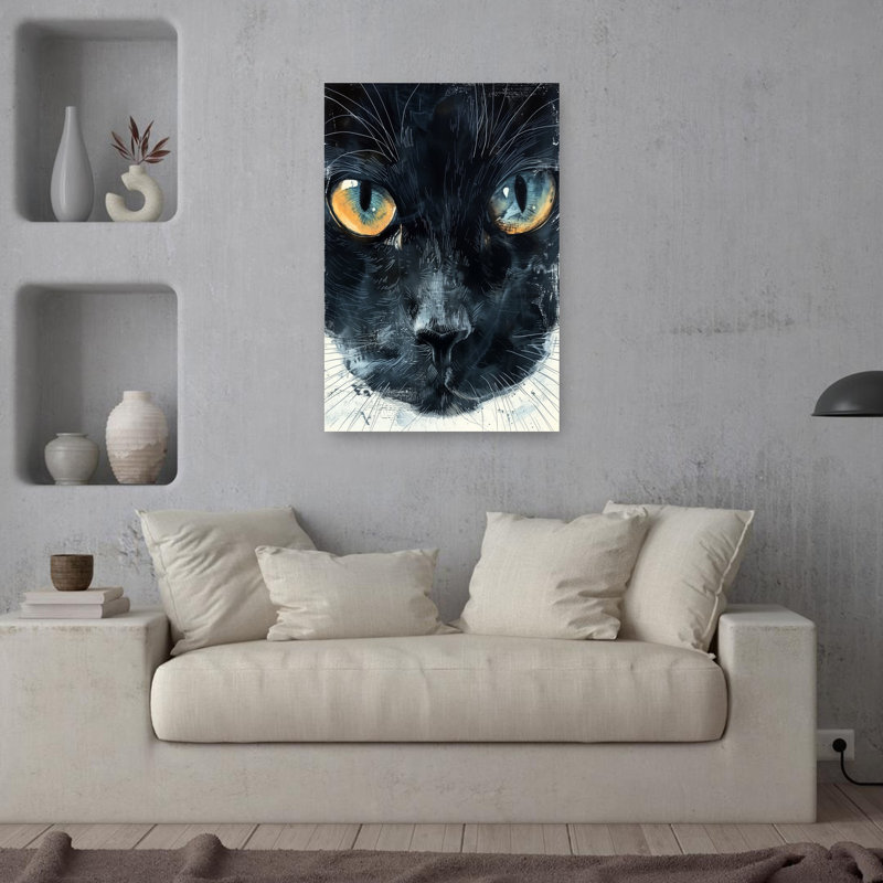 Chat noir captivant, art mural contemporain, H 36 po x l 24 po