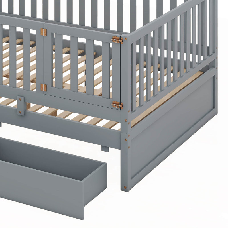 Joshau Wood Daybed with Fence Guardrails and 2 Drawers, Grey