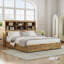 Double Bed Frame With Tall Storage Bookcase Headboard, 4 Large Storage Drawers And Charging Station, Metal Slats Support, Wood Platform Beds with Power Outlets and USB Ports