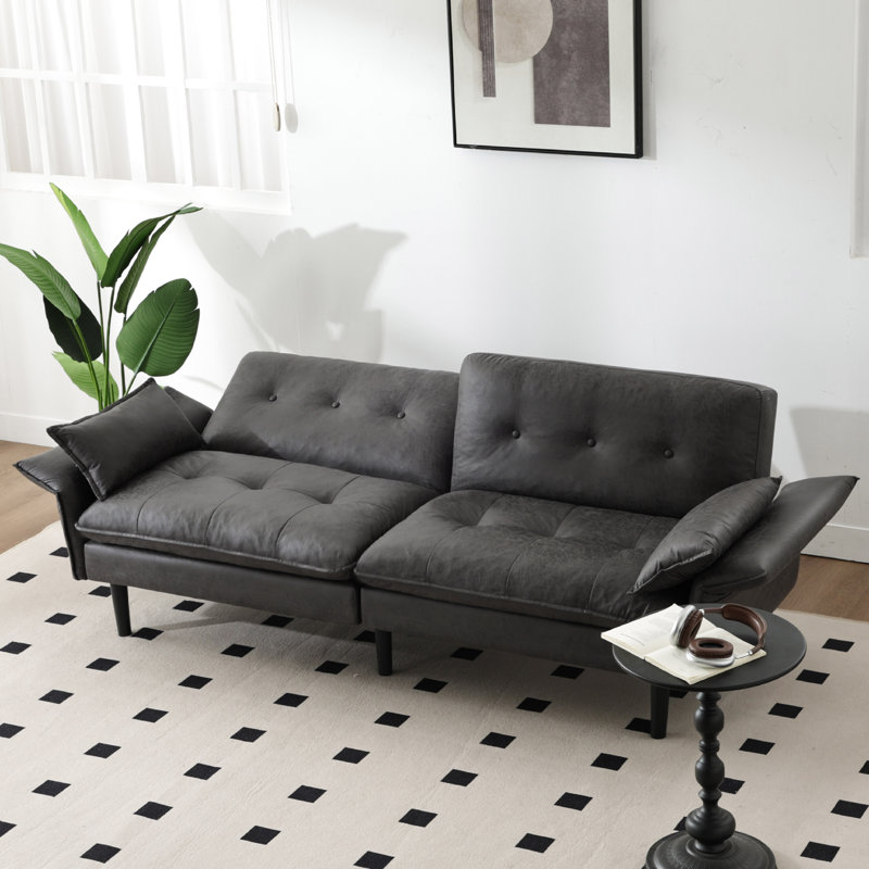 75.6" Convertible Faux Leather Futon Sofa Bed With Adjustable Armrests & Backrest For Living Room, Bedroom, Gray Faux Leather