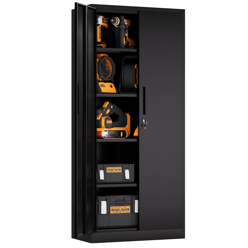 Armoire de rangement en métal noir avec 4 tablettes réglables, 69,12 po de hauteur, 3 verrouillables pour le garage et le bureau, finition de garde-manger de 71 po de hauteur, maison verrouillable