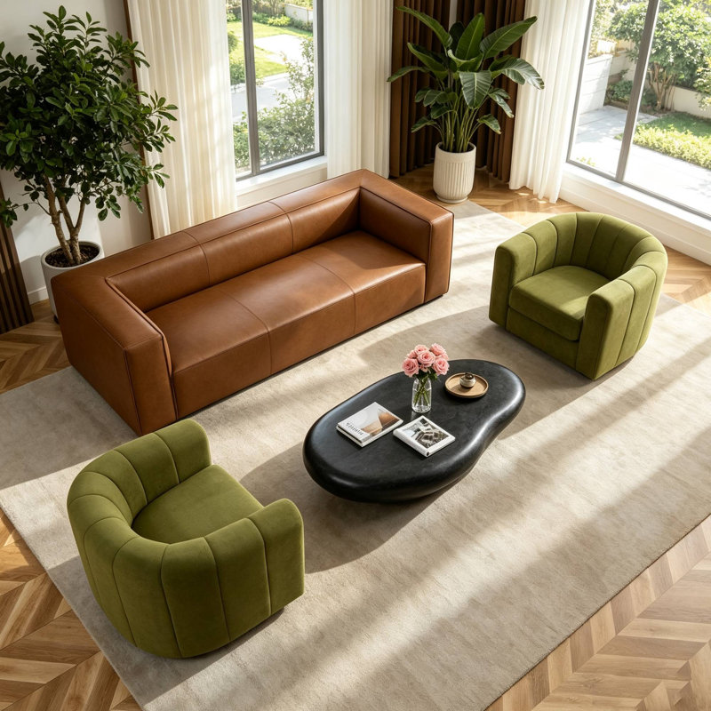 Ensemble de salon 3 pièces 4 places, canapé moderne en cuir de 234 cm et 2 fauteuils pivotants à 360° en velours olive pour le salon et la réception