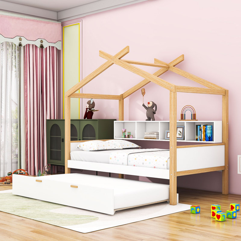 Twin Wooden House Bed With Trundle And Shelves