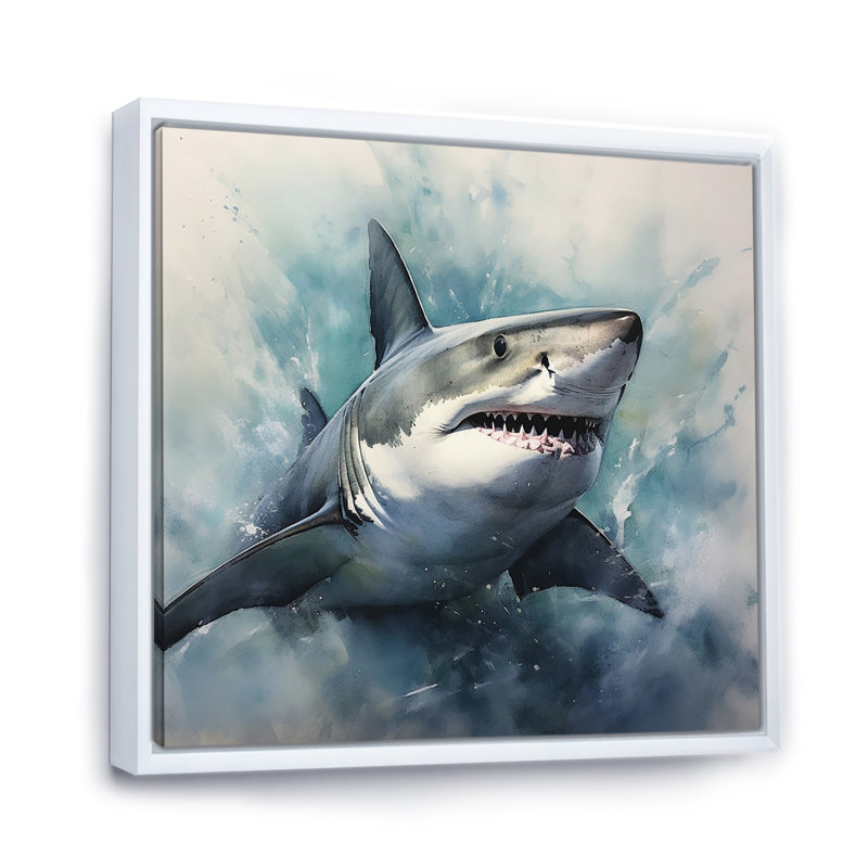 Requin féroce II - impressions sur toile de requin, Cadre flottant blanc, H 36 po x l 36 po x P 1,5 po