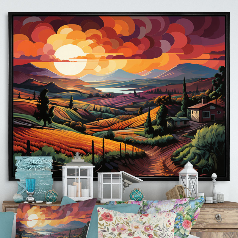 «Vineyard Sunset Rows Of Ruby Landscape III», reproduction sur toile, H 34 po x l 44 po x P 1,5 po, Cadre flottant noir