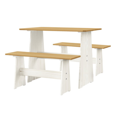 Ensemble de salle à manger 3 pièces en bois massif Farmhouse (table + 2 bancs) pour 4 personnes, compact pour les petits espaces