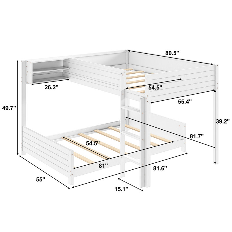 Lit superposé pour enfant avec tablette de rangement intégrée et échelle, support de lattes, ferme moderne, chambre d'enfant