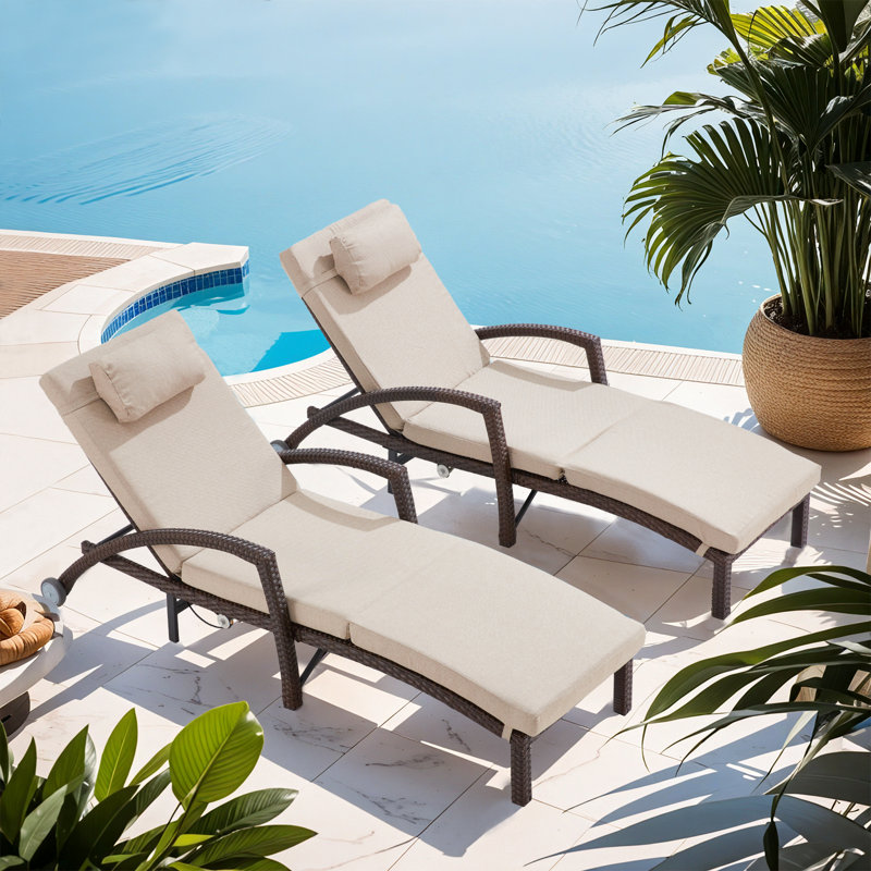 Outdoor Lounge Chairs Set Of 2, Hydraulic Adjustable Outdoor Chaise Lounge With Armrests & Wheels For Poolside, Backyard, Deck