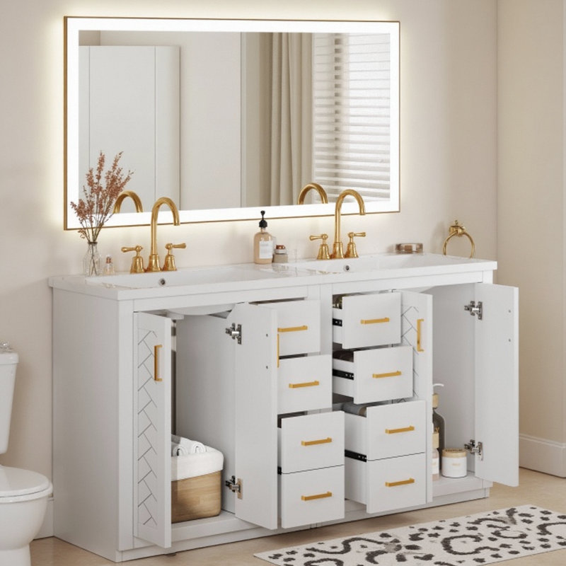 Ensemble de meuble-lavabo double 60 po avec lavabos en céramique, Blanc