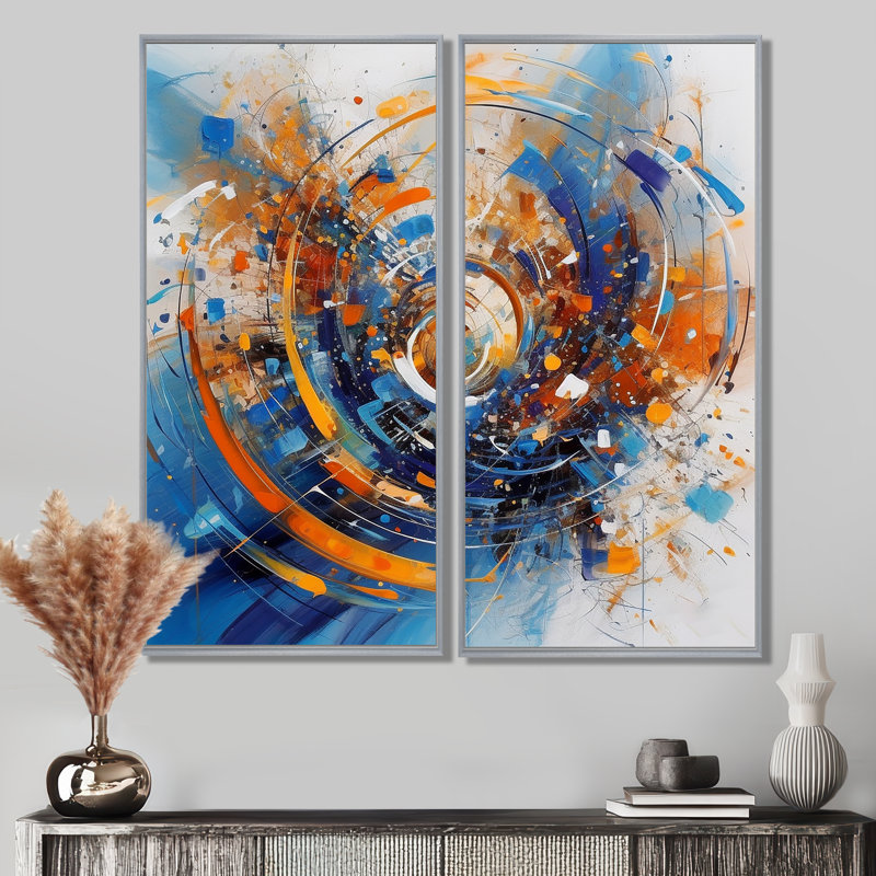 «Blue and Orange Space» - Art mural sur toile traditionnel orange 2 panneaux, H 32 po x l 32 po, Argent argent
