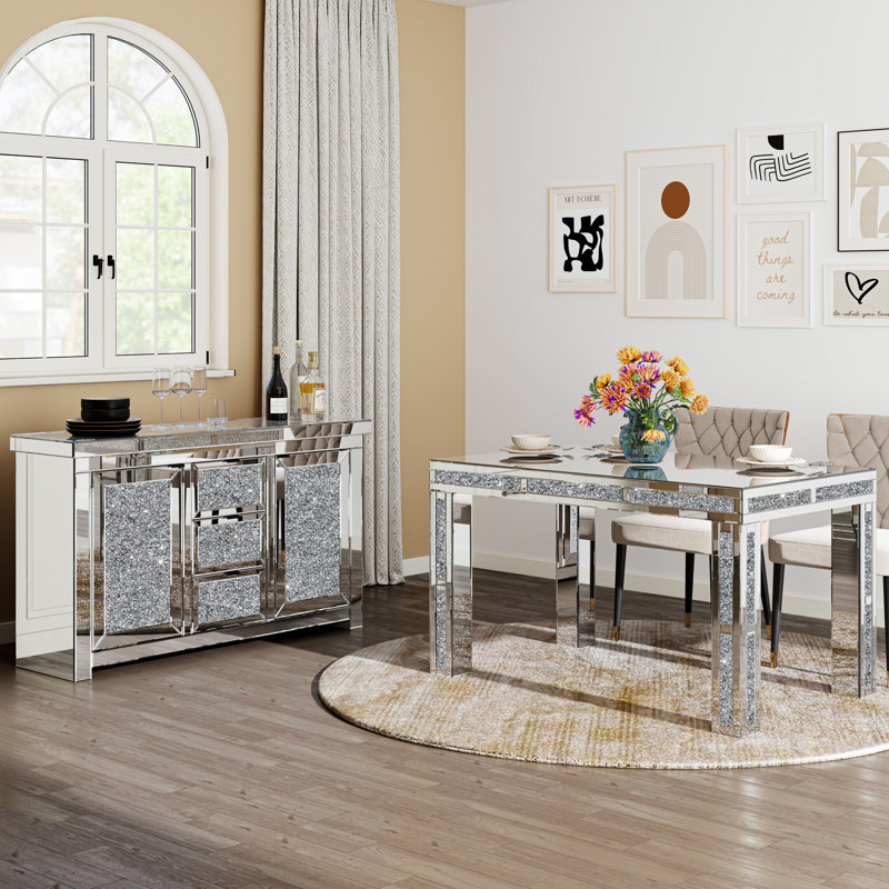 Ensemble de table de salle à manger en miroir et de buffet à 3 tiroirs