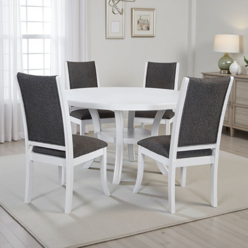 Judy Round Dining Table Set, Flared Legs, Grey Fabric, White Wood, 5