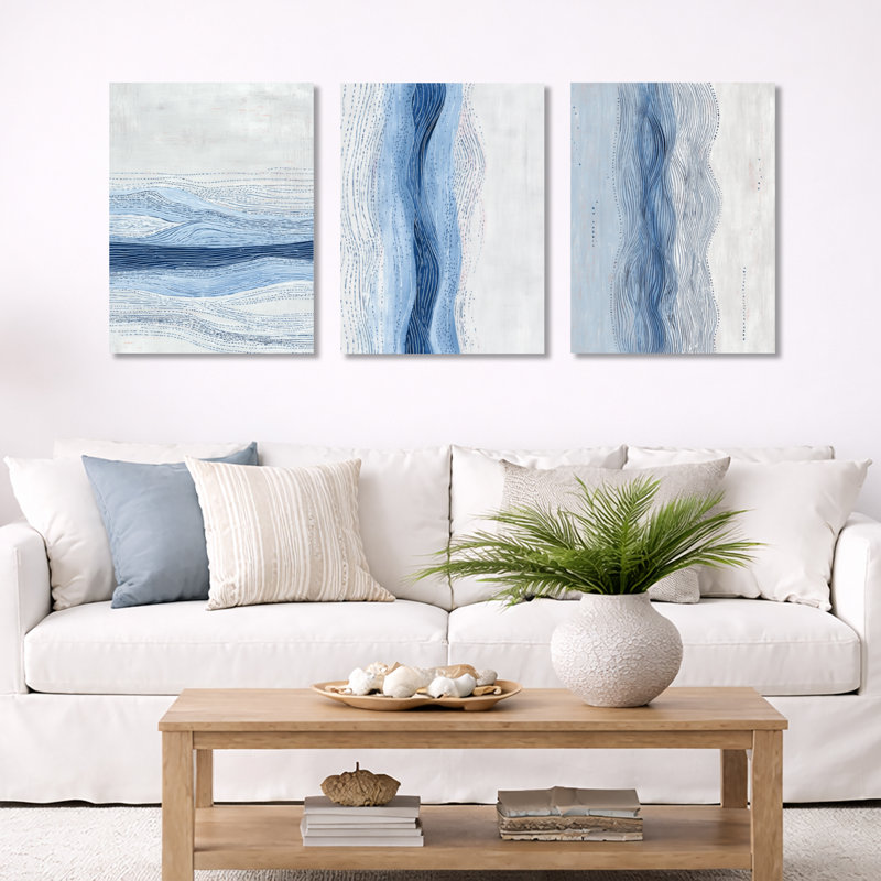 «Blue and Grey Coastal Waves» - art mural encadré 3 pièces, Wrapped Canvas, H 32 po x l 72 po