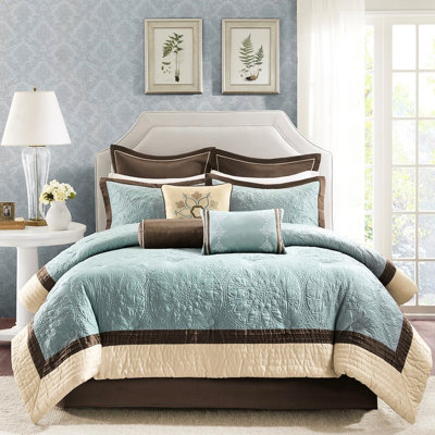 Édredon 9 pièces pour très grand lit bleu, charmeuse avec coussin européen et trois taies décoratives