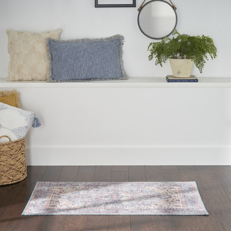 Machine Washable Oriental Blue/Red Area Rug, Rectangle 3' x 5'