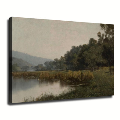 «Vintage Calm River Wetland Forest Landscape», peinture à l'huile sur toile tendue avec grande galerie pour le salon, la chambre à coucher