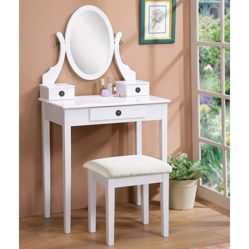Wood Moniya Makeup Vanity Table And Stool Set, White