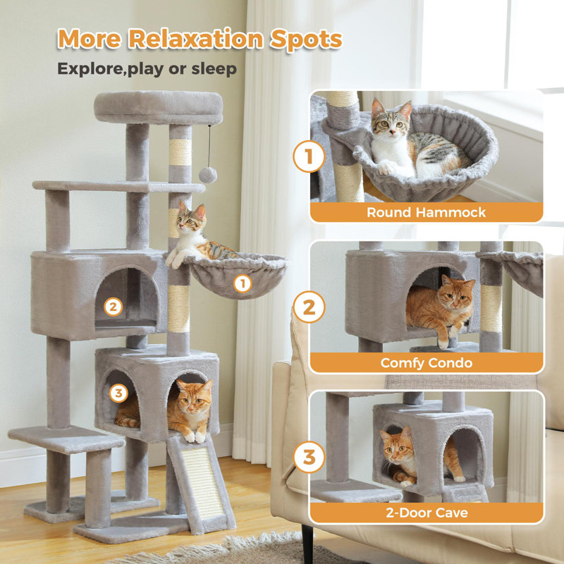 Tour pour arbres à chat à plusieurs niveaux avec poteaux à griffes recouverts de sisal, appartement pour chat confortable, perchoir supérieur rembourré pour les chats d'intérieur