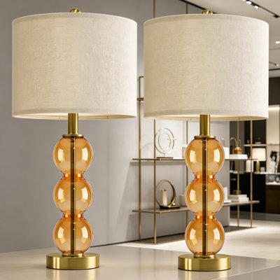 Amber Glass Table Lamps Set of 2 for Living Room, Modern Nightstand Lamps with USB-C and USB Charging Ports, Linen Lampshade, Bedside Lamps for Bedroom, Side Table Lamps, E26 Bulb Base (Bulbs Excluded)