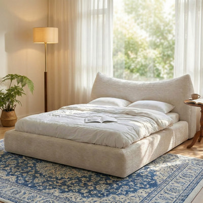 Upholstered Cloud Bed Frame with 9.4" Thickened Detachable Headboard, Boucle Platform Bed Frame with Rounded Corner Design, Easy Assembly