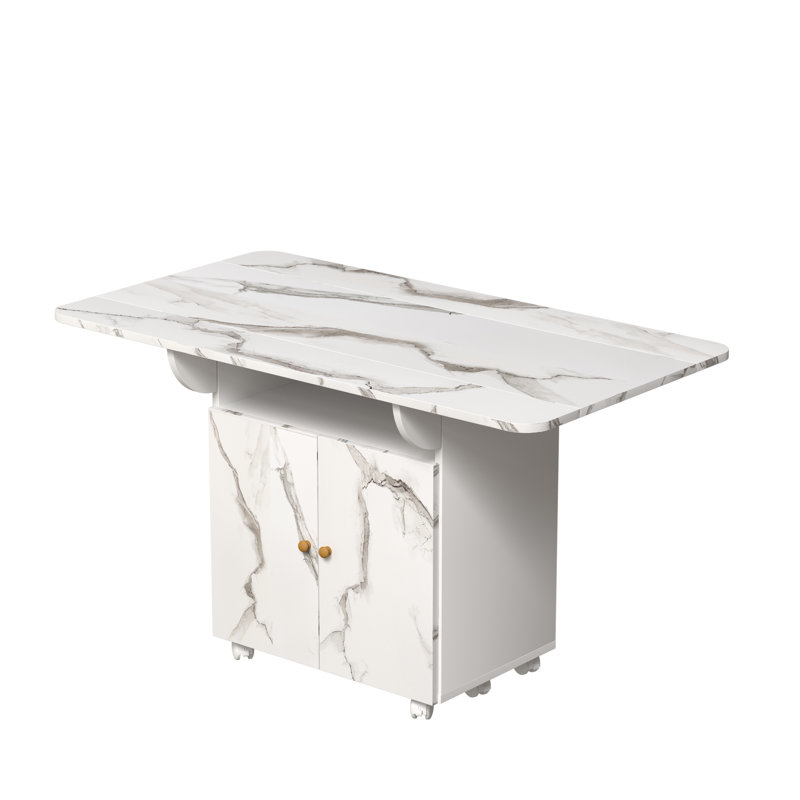 Table pliante compacte de 47 po avec aspect marbre blanc et armoire de rangement, 6 roulettes pour une apparence pratique, salle de lavage multifonctionnelle