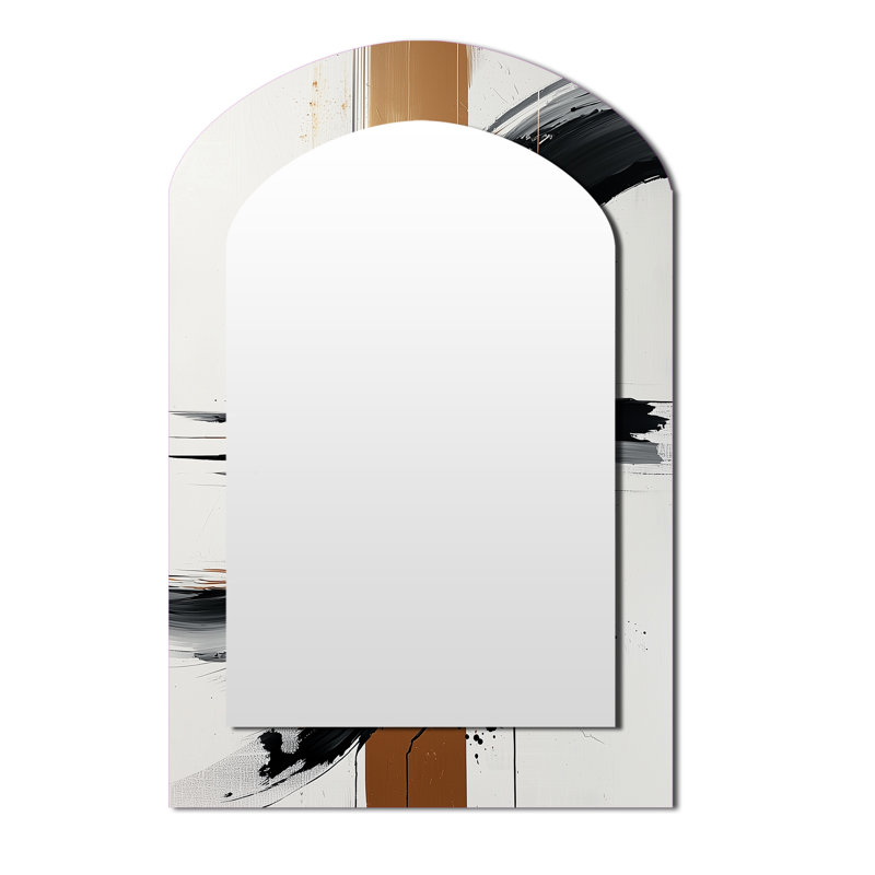 Black White And Gold Ink Expression IV - Abstract Shapes Arch Mirror, Black Asymmetrical Unique Wall Mirror, Printed Metal Art