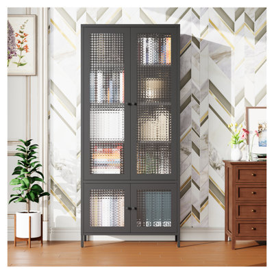 Large Black Metal Storage Cabinet with 4 Waffle-Grids Tempered Glass Doors - 5 Shelves Freestanding Display Cabinet for Home Office Living Room, Modern Style