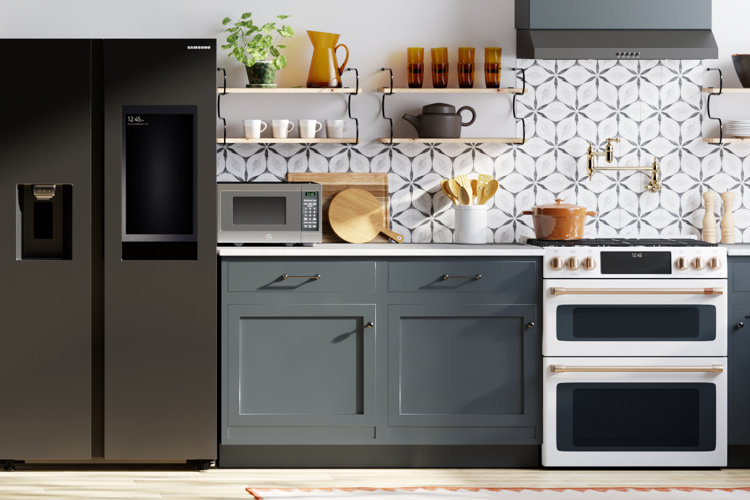 modern kitchen with a white slide-in range, patterned backsplash tile, and dark grayish blue cabinets