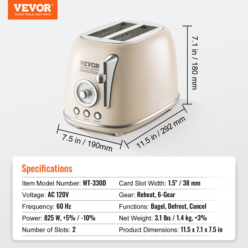 Grille-pain VEVOR en acier inoxydable brossé, 2 tranches, 825W