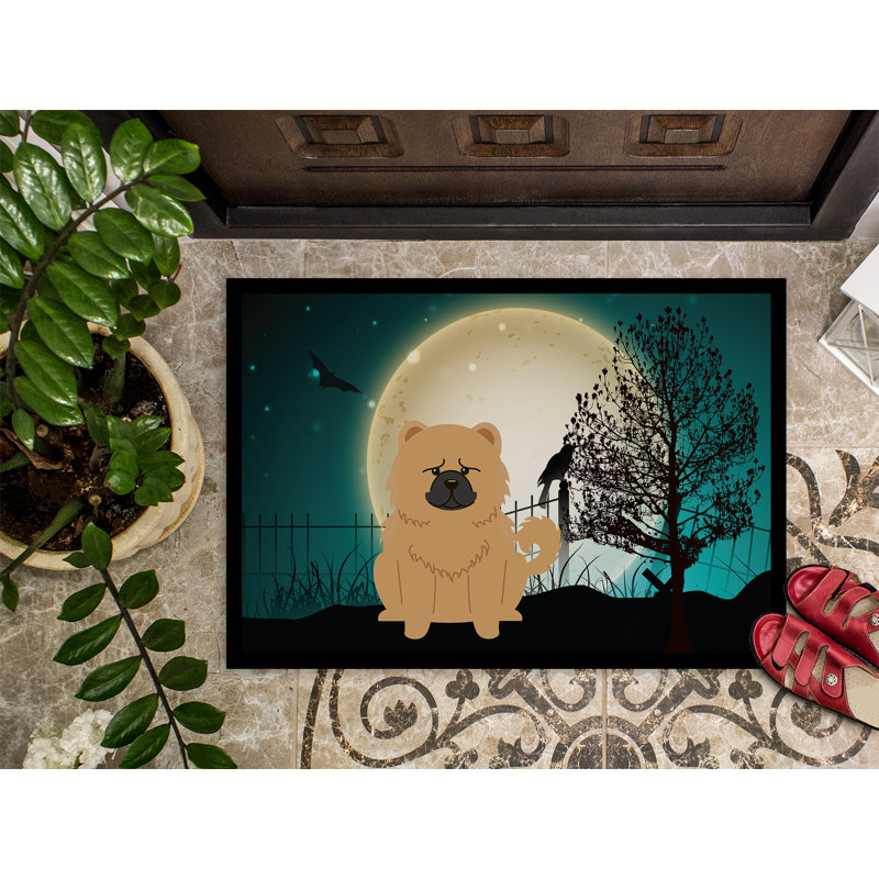 Tapis pour l'extérieur Carlett Halloween Scary Chow Chow, Crème/Vert, Rectangle 2 pi x 3 pi