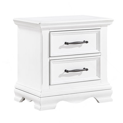 Charming White Finish 2-Drawer Nightstand Durable Wood Black Handles Classic Bedside Table 1Pc Bedroom Furniture