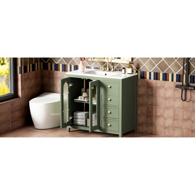 Meuble-lavabo 36 po avec poignées dorées de luxe, 3 tiroirs - Élégant lavabo en céramique