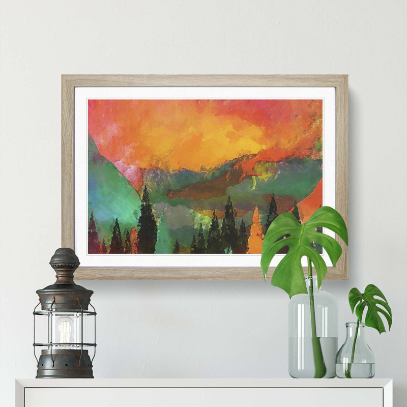 Trees at the Foot of a Setting Sun in Abstract - Picture Frame Painting Print on MDF, Oak, 60cm H x 91cm W x 2cm D