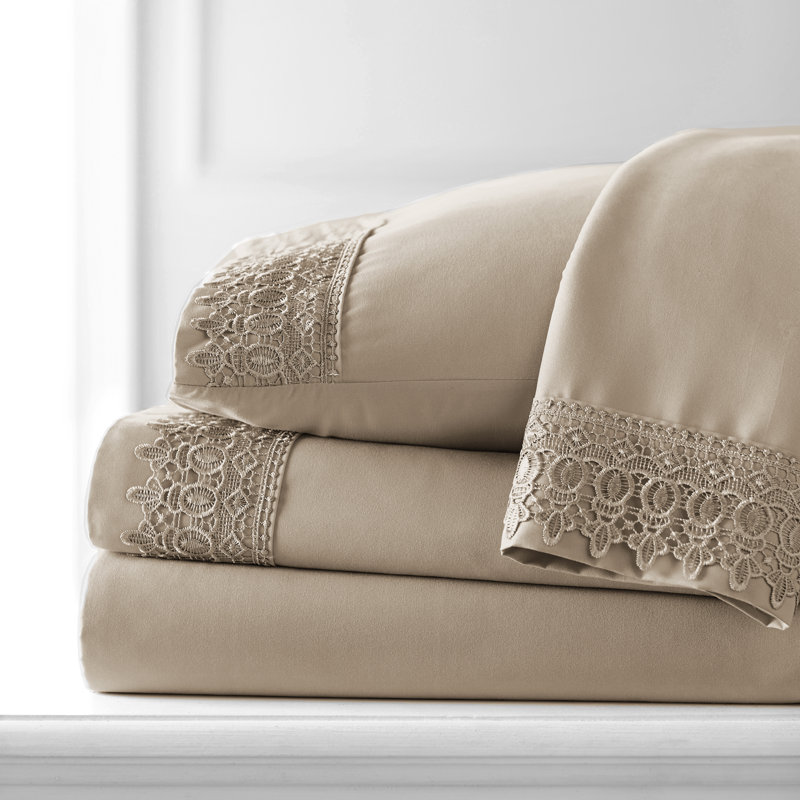 Jaquil Extra Deep Pocket Microfiber Sheet Set with Lace Hem, California King, Taupe