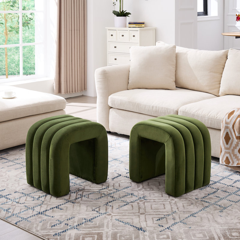 Rienna Yuna Modern U Shaped Waterfall Ottoman 50 cm Wide Vanity Stool with Ribbed Tufting, Green