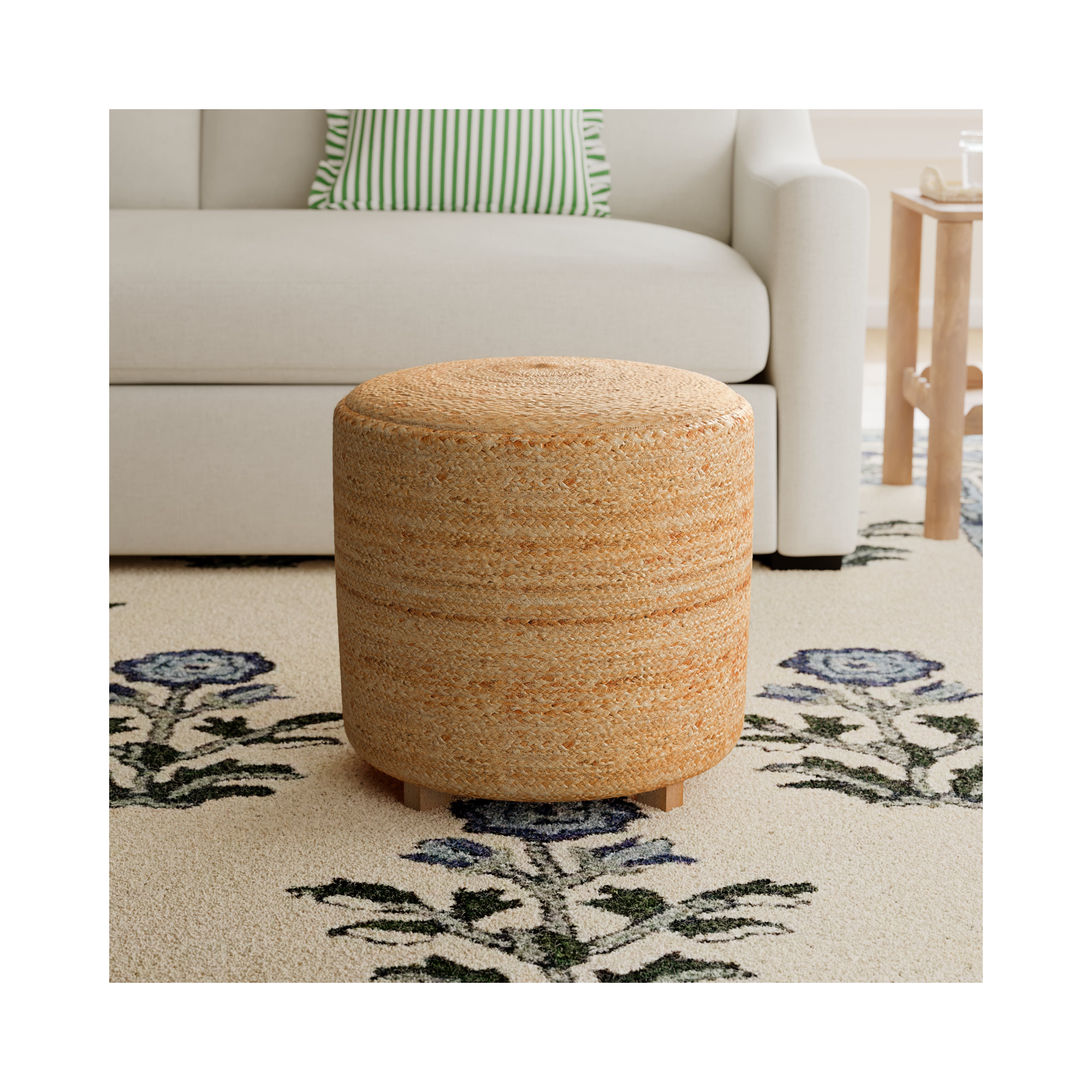 Kerrin Upholstered Ottoman, Wheat/Brown Jute