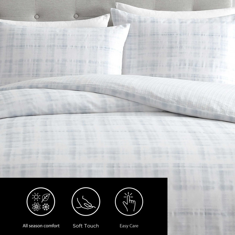 Vera Wang Blurred Plaid Cotton Reversible Blue Duvet Cover Set, King Duvet Cover + 2 King Shams
