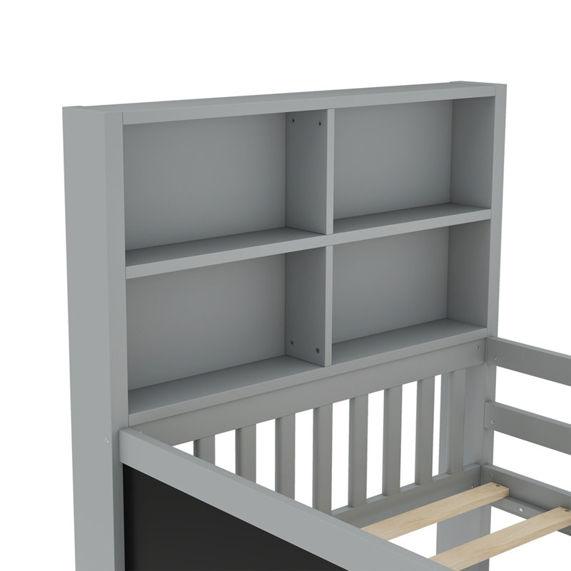 Lit plateforme en bois avec tiroirs et tablettes de rangement, gris, Simple