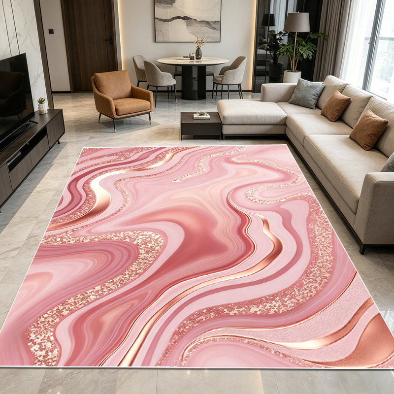 1PC Rose Gold Pink Glitter Liquid Marble Swirl area rugs for Living Room, Soft, All seasons, Easy-maintain, Washable Indoor mat, Farmhouse suitable for for dining table, bedroom bedside, entryway...