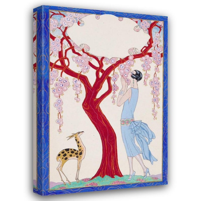 "Femme, fauve et arbre rouge" par George Barbier - Art mural sur toile tendue avec châssis, H 48 po x l 33 po