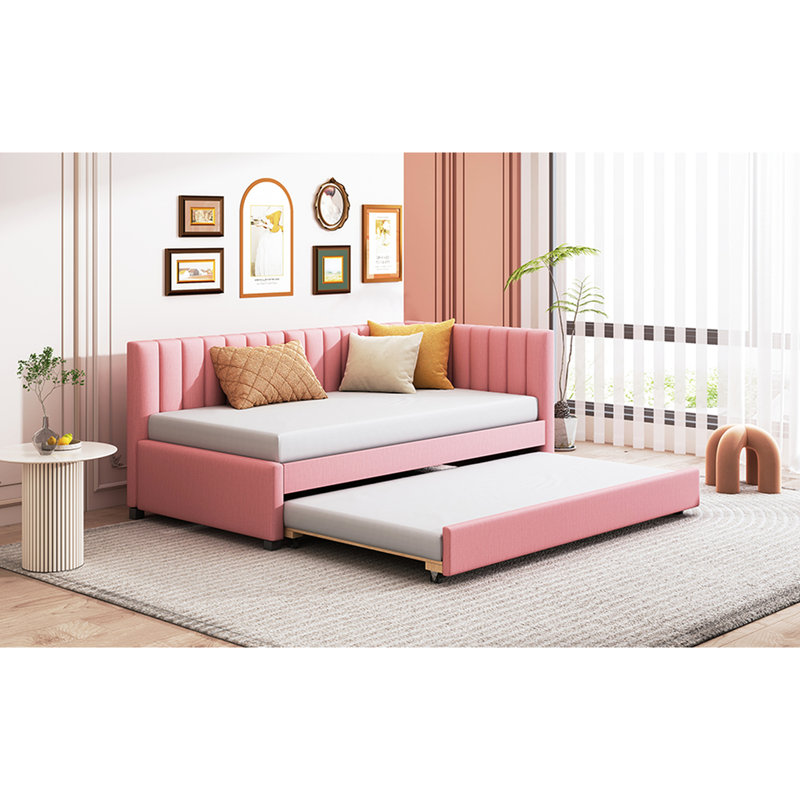 Lit de jour simple rembourré avec lit gigogne en lin rose, sans sommier rose, taille, Rose