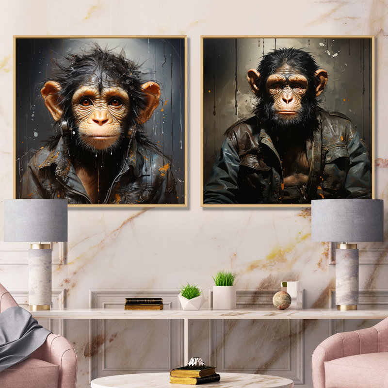 «Jungle in suit Monkey Portrait I», ensemble de 2 impressions sur toile, Encadrement brun, H 30 po x l 61 po x P 1 po