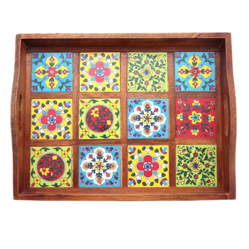 Serving Tray - Decorative Ceramic Tile Mounted Tray With Handles For Farmhouse Style & Décor (15x12x3 Inches)