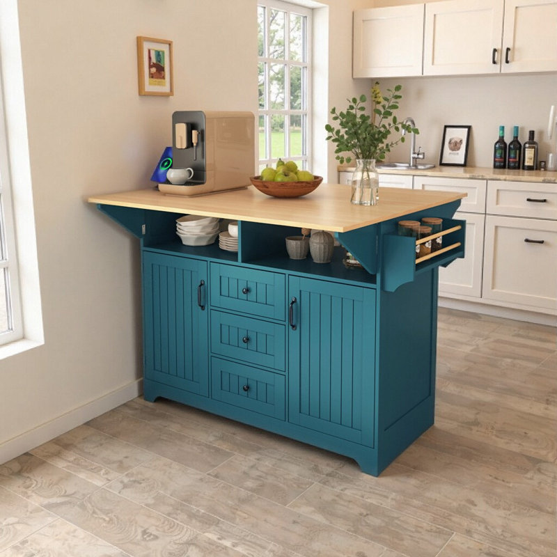 55.7" Kitchen Island with Dual Drop Leaf + Power Outlet, Green