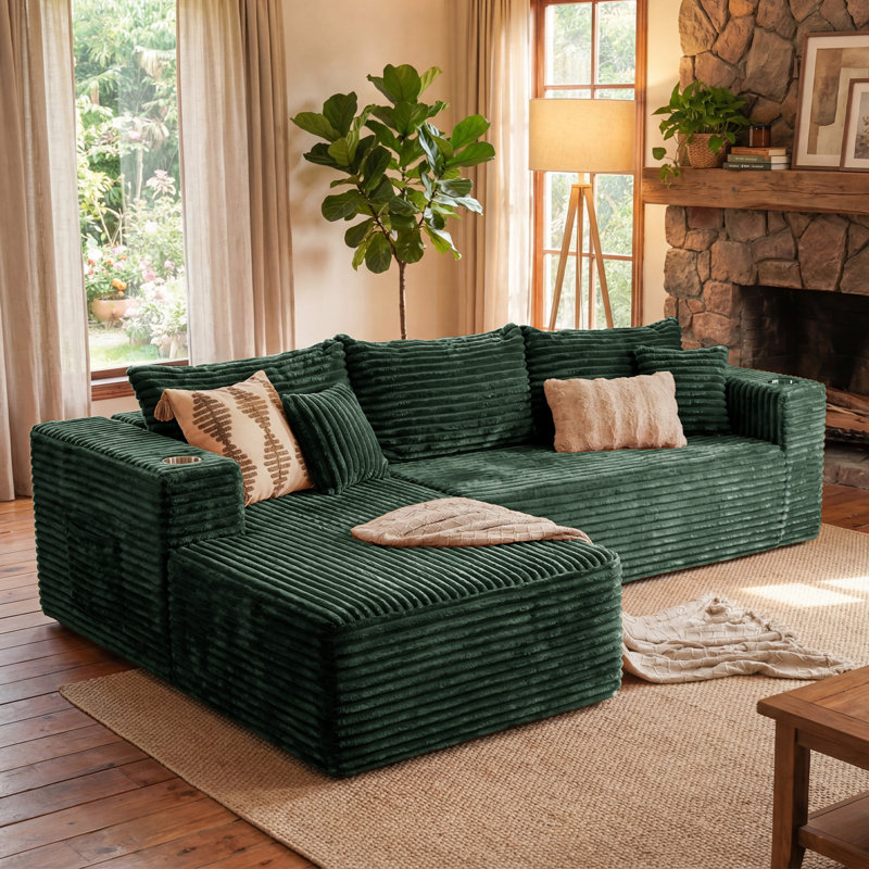 Sectional Upholstered L-Shaped Compression Sofa With Chaise Lounge, Green, Left Hand Facing, Green, Left Hand Facing