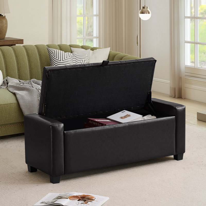 43" Faux Leather Upholstered Storage Bench, Tufted Ottoman Bench For Living Room, Bedroom, Entryway, Black, Black