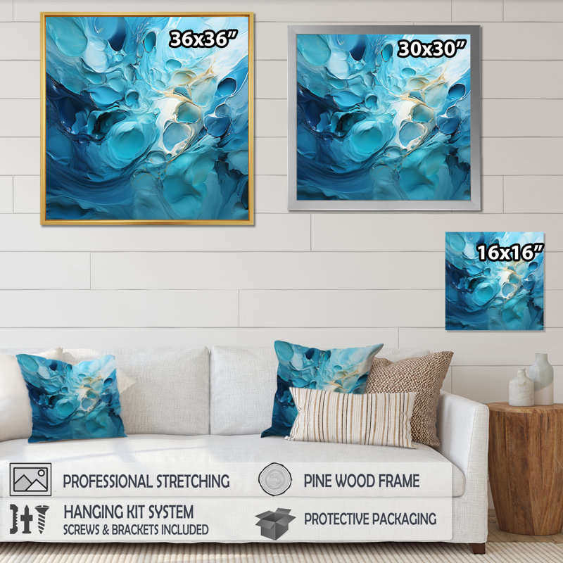 Azure Symphony II - Abstract Landscape Wall Art Living Room, H 30 po x l 30 po, Cadre flottant doré